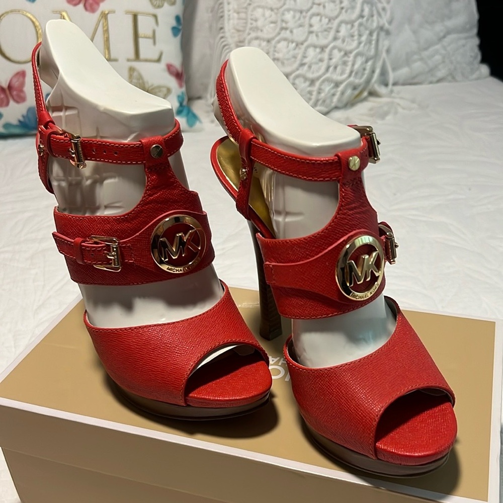 Michael Kors Orange Red High Heeled Sandals with Straps. Like new